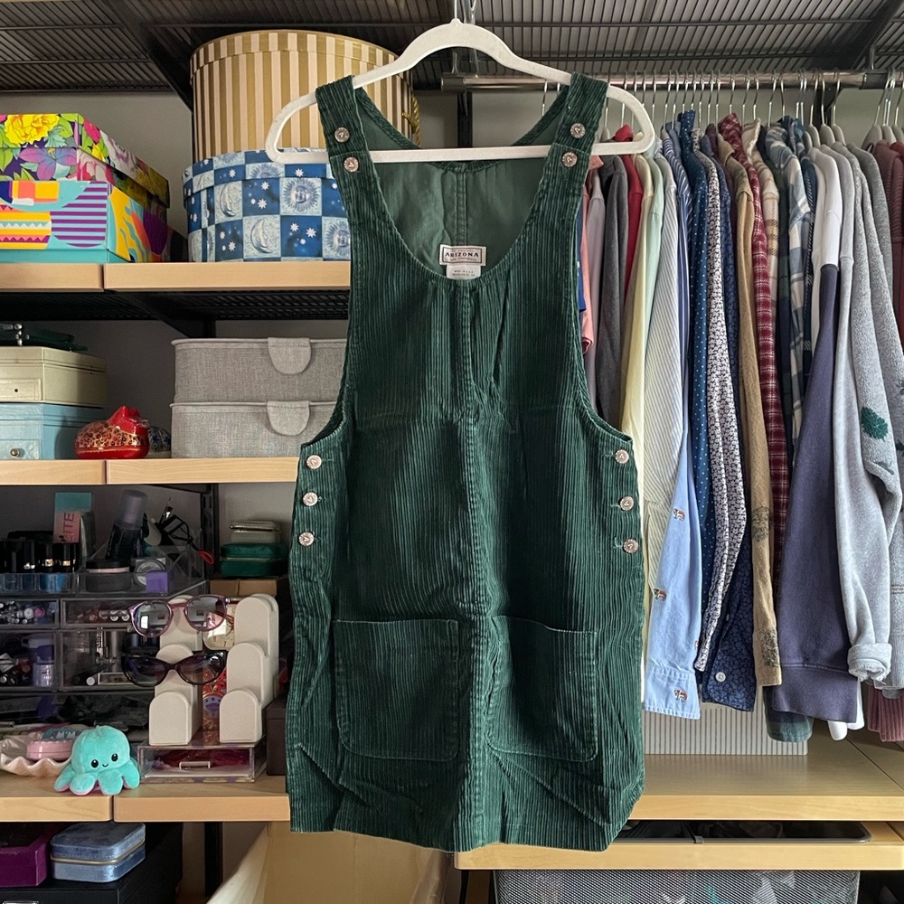 Vintage Arizona bottle green corduroy overall jumper shift dress, medium